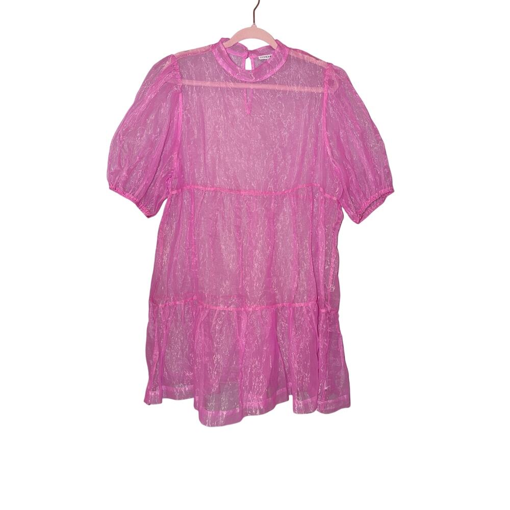 Fashion nova sheer hot pink babydoll tunic mini dress tiered one size dopamine